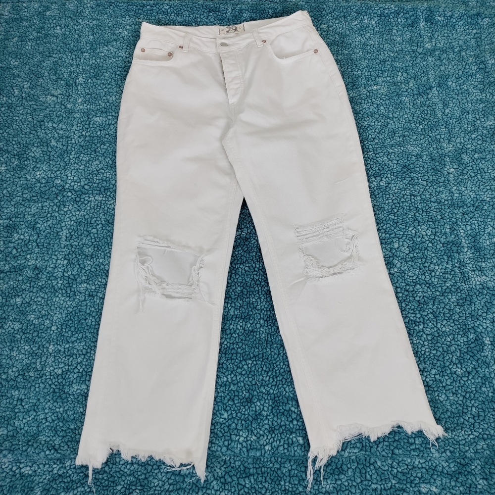 We the Free People Button Fly White Ripped Raw Hem High Rise Jeans